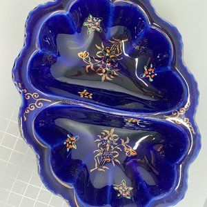 Vintage Cobalt Divided Dish Hand Painted Moriage Flowers Gold Gilt Japan